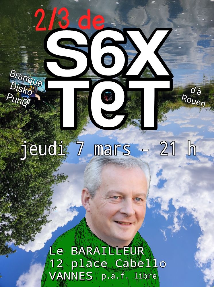Dessin de Bruno Lemaire dans un chandail  col roul sur fond de rivire, arbres et nuages  l'envers